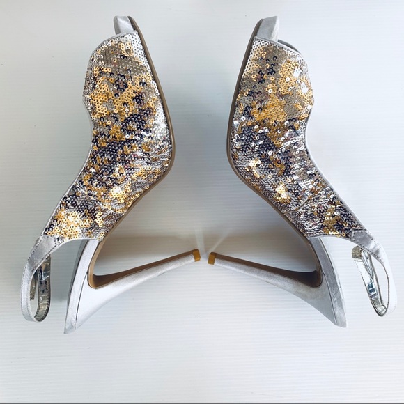 Betts Casino Silver Gold Sequin Peep Toe Slingback - Picture 13 of 16